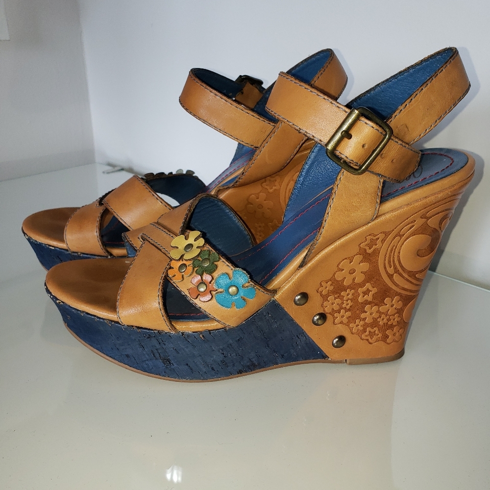 Miss Sixty Platform Strappy Embellished Leather Flowers Cork Heels Size 39